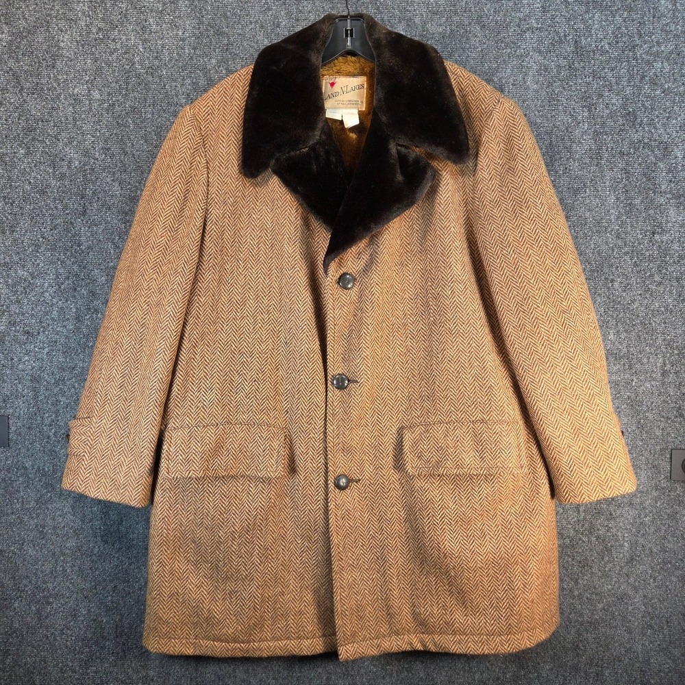 Vintage Wool Herringbone Coat Faux Fur Lined Western‎ Ranch Barn Jacket Size 44 - Picture 2 of 16